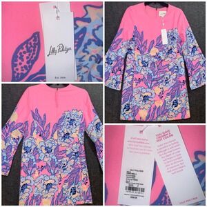 Lilly Pulitzer Gwenlyn Dress Pink Blue Floral Zip Flared Sleeve Size 2 NEW